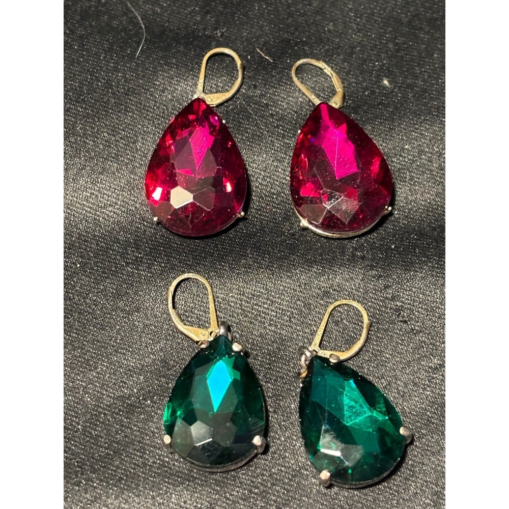 2 Pairs Teardrop Crystal Leverback Earrings Magenta Pink Emerald Green